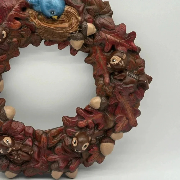 Vintage 1984 Ceramic Harvest Autumn Fall Chipmunks Acorns Leaves Birds Wreath - Picture 2 of 7